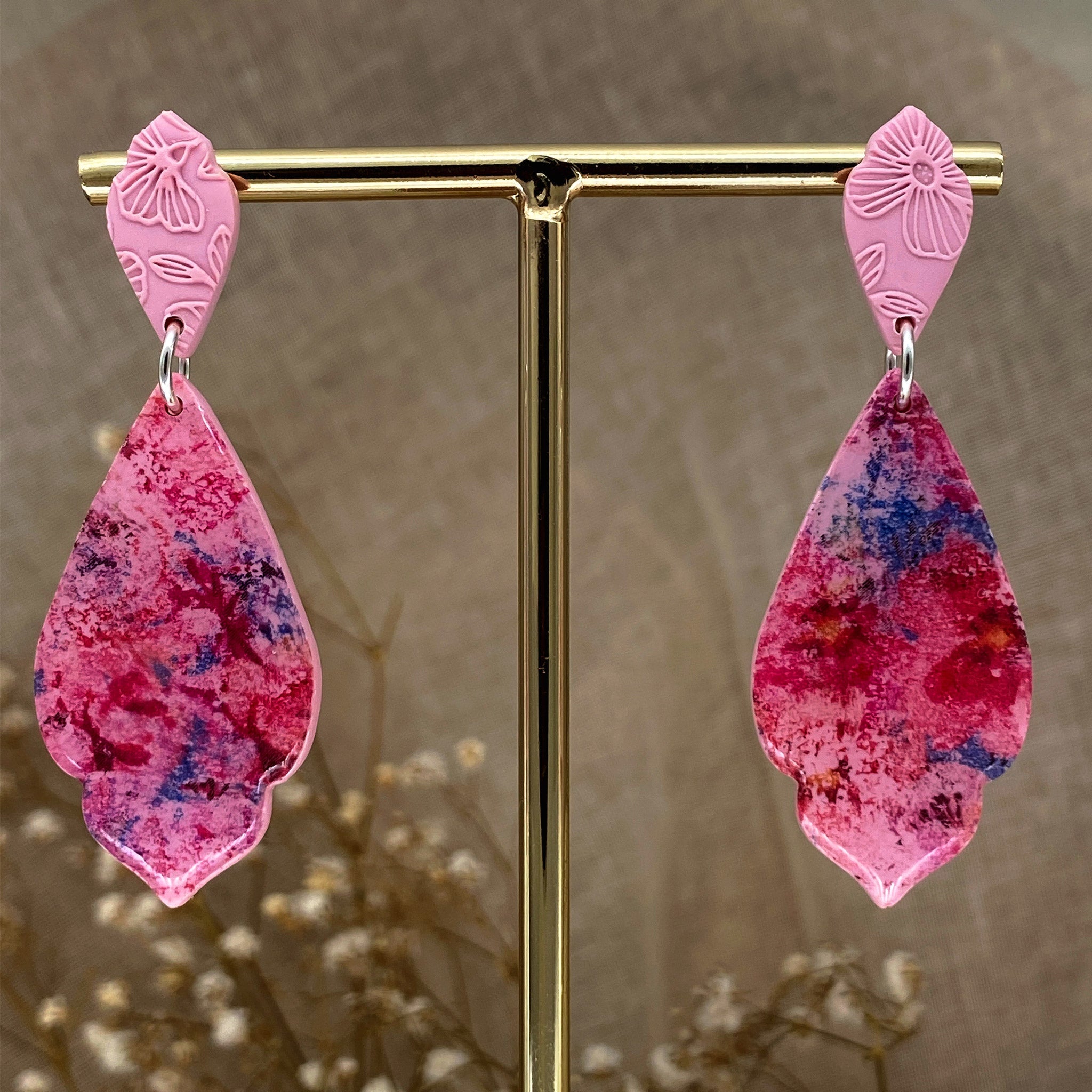 Baby Pink and Floral Watercolour Statement Drop Earrings - The Suffolk Crafter