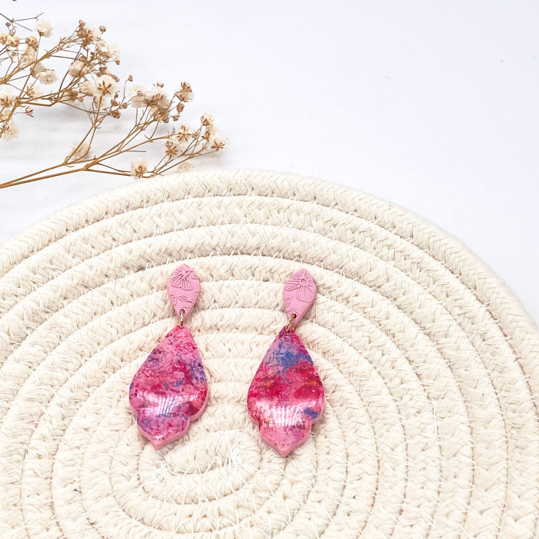 Baby Pink and Floral Watercolour Statement Drop Earrings - The Suffolk Crafter