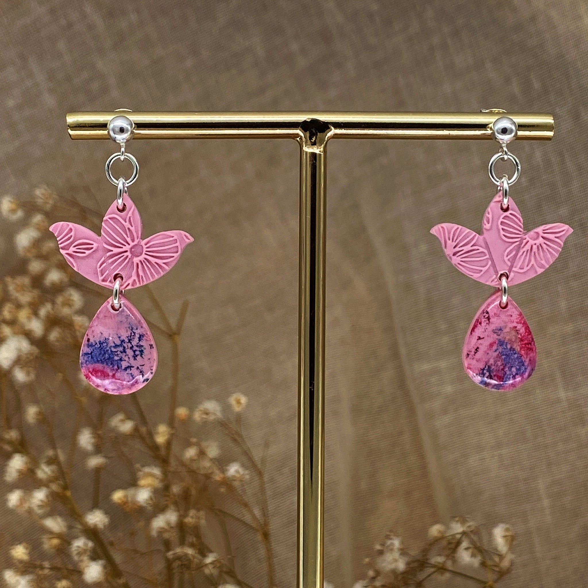 Baby Pink and Warm Floral Double Drop Earrings - The Suffolk Crafter