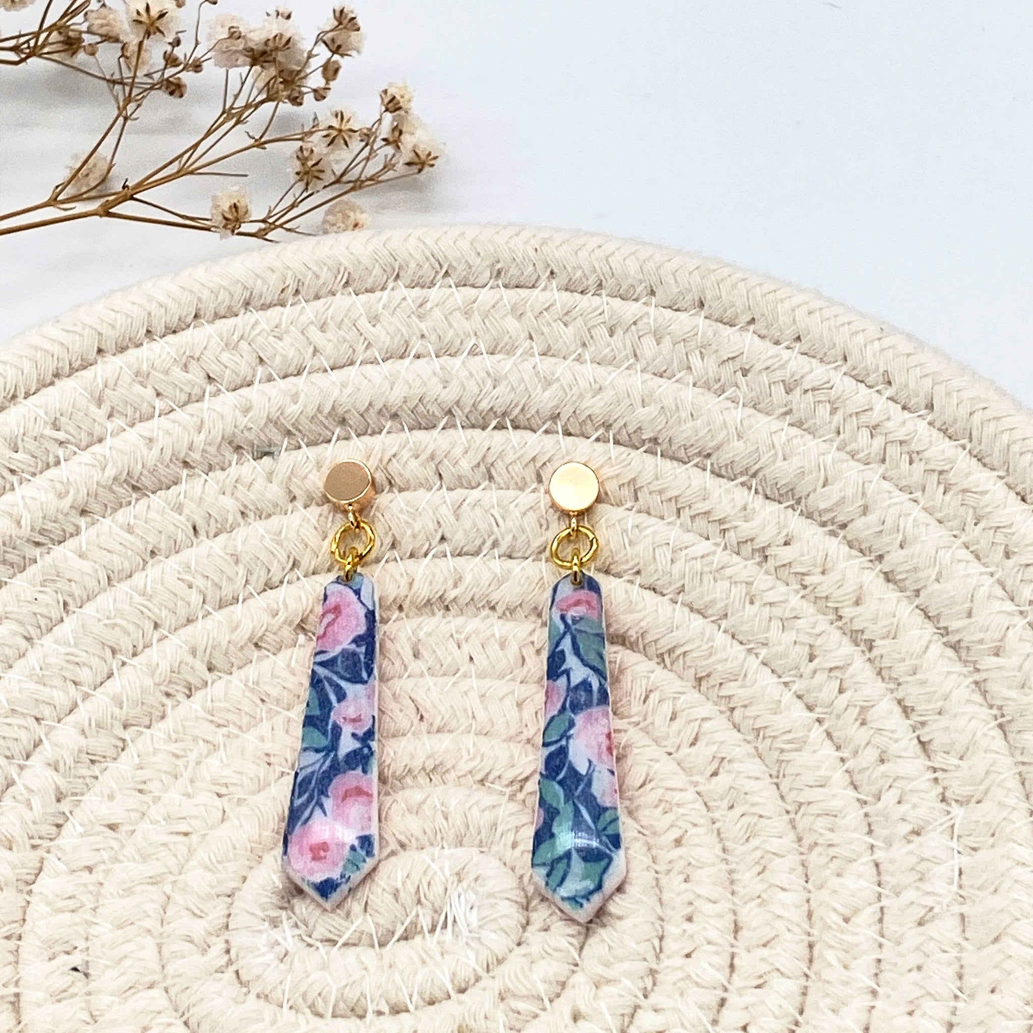 Blue and Pink Floral Drop Statement Earrings - The Suffolk Crafter