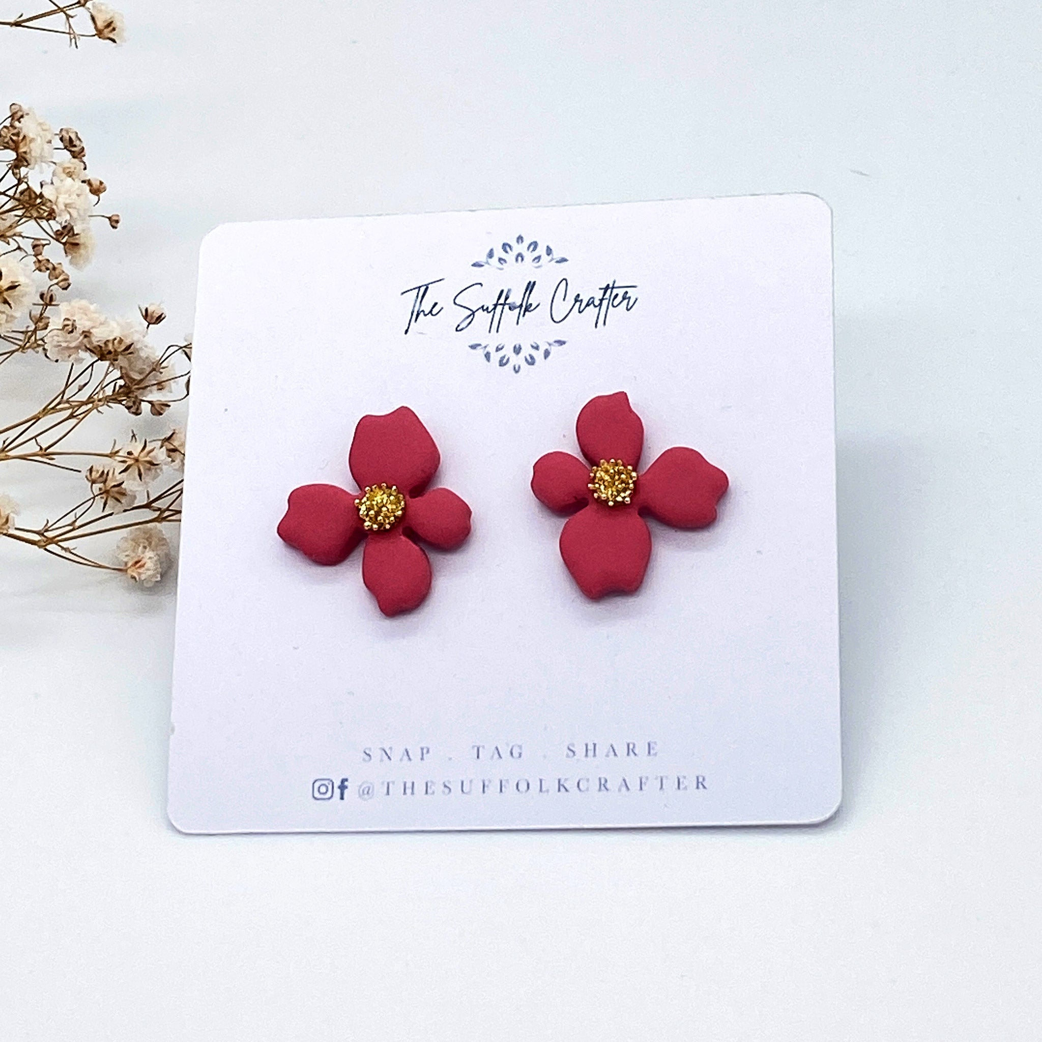 Deep Pink Flower Shaped Stud Earrings - The Suffolk Crafter