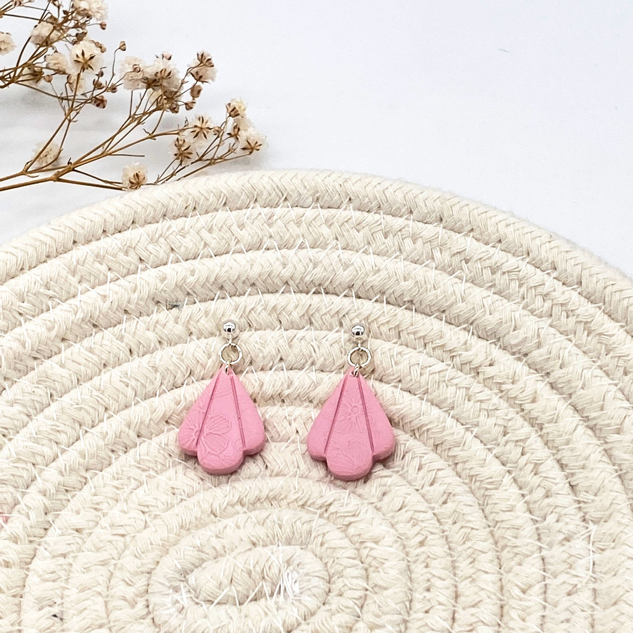 Delicate Flower Embossed Pink Drop Earrings - The Suffolk Crafter