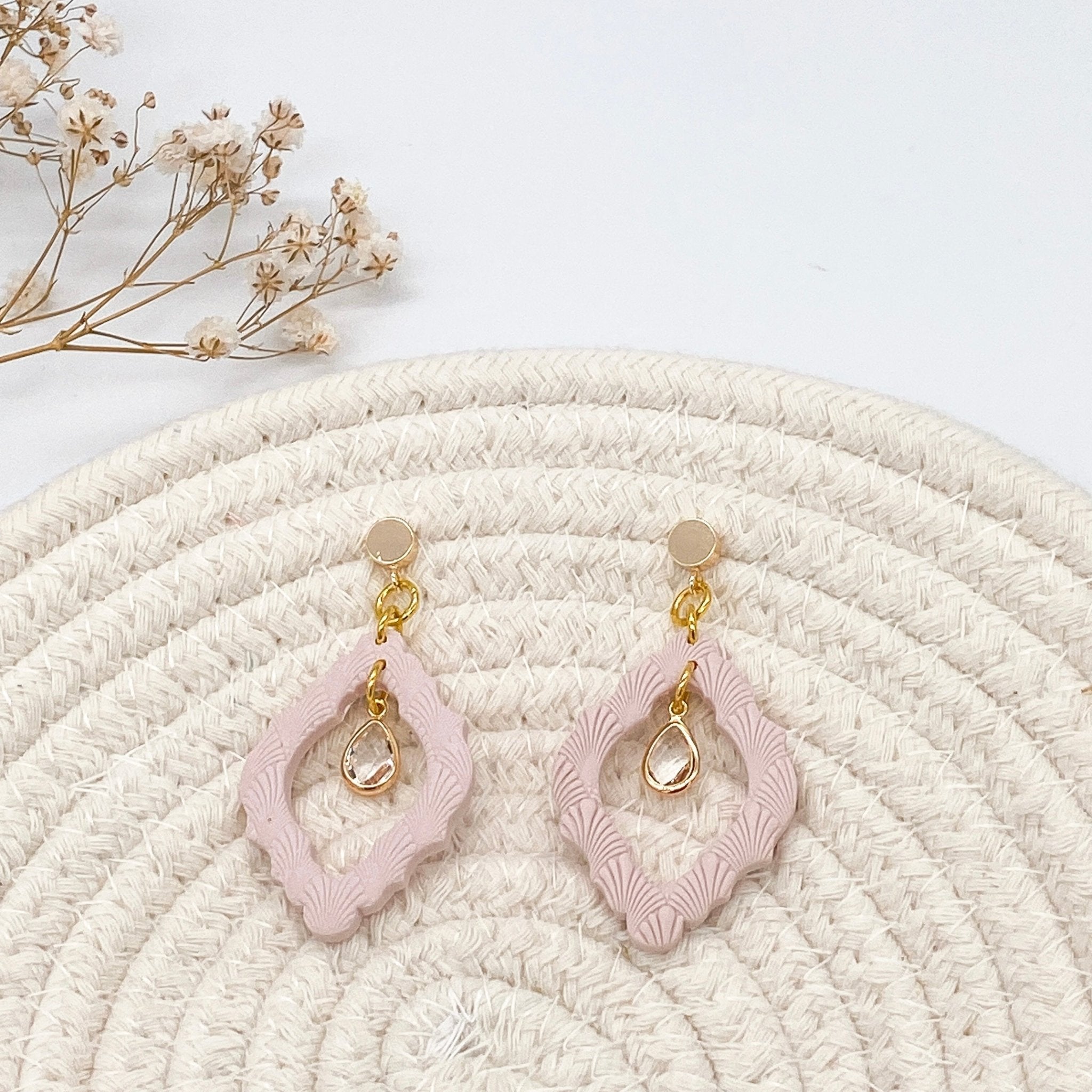 Pale Pink Statement Earrings with Glass Charm - The Suffolk Crafter